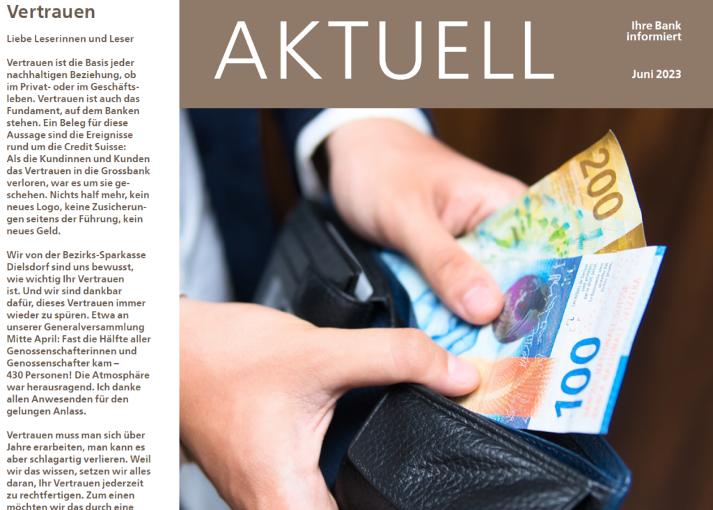 Geld Bargeld vor Ort Schalter Regionalbank Aktuell Newsletter Juni 2023